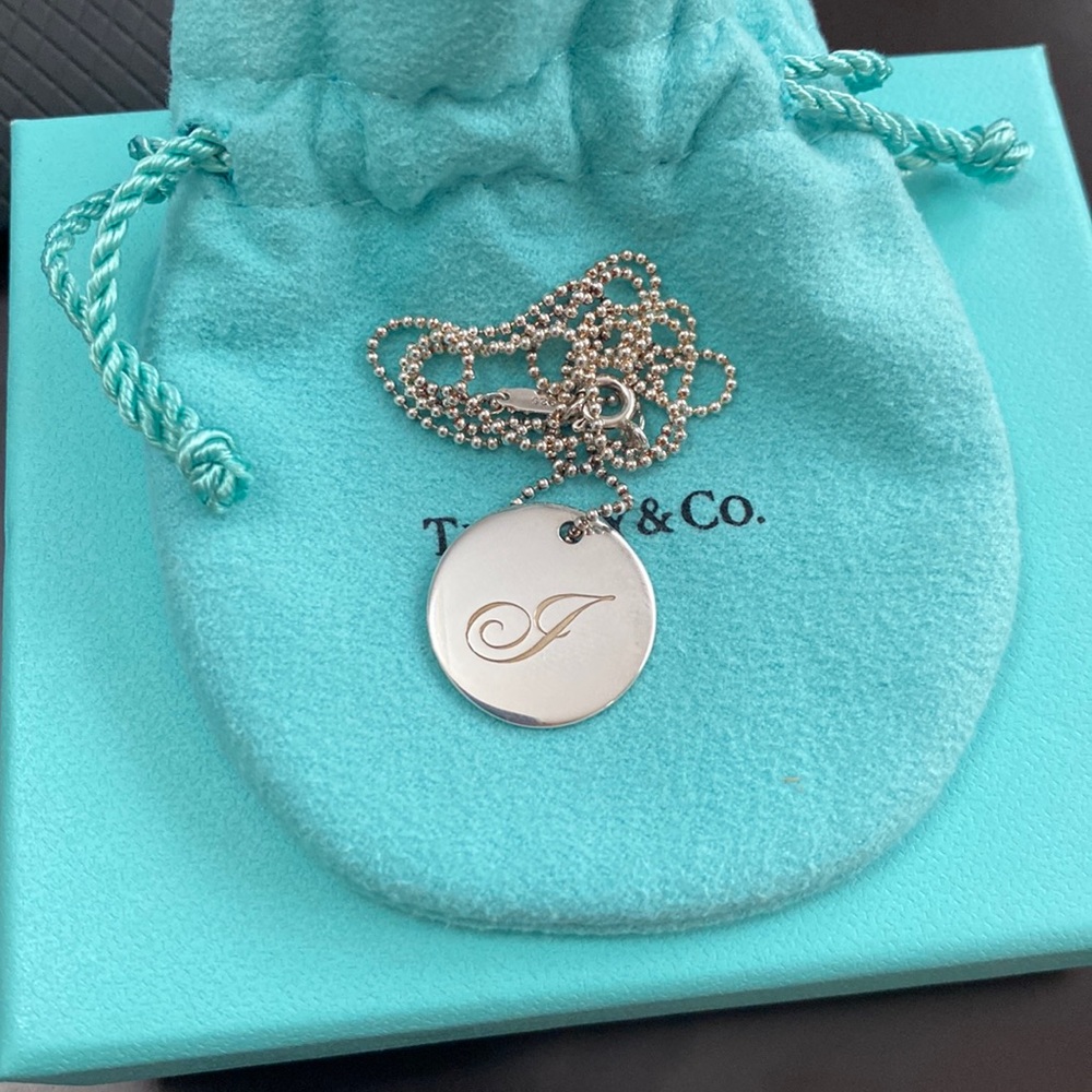 Authentic Tiffany & co letter J disc charm necklace